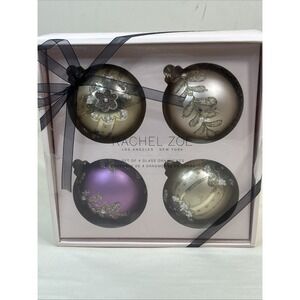 New Rachel Zoe Gold Purple Beaded Pearl Round Glass Christmas Ornaments 4 Pc